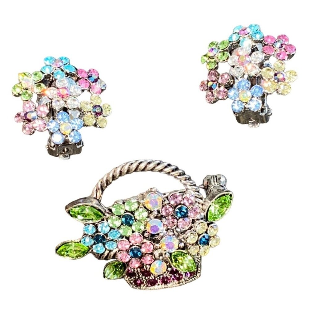 Clip-on Earrings .75" x .75" Brooch 1.25" x 1" Floral Flowers Silver Crystal